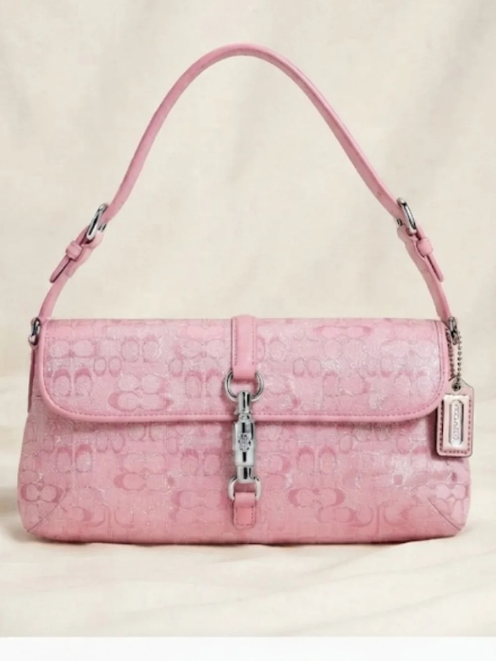 💕Vintage Y2K Coach Pink Optic Signature Lurex Hamptons Demi Flap Bag 8946